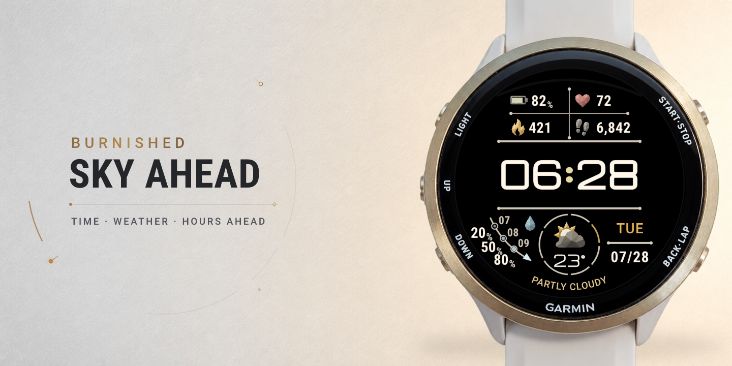 Burnished Sky Ahead 顯示時間與天氣資訊的 Garmin 錶面